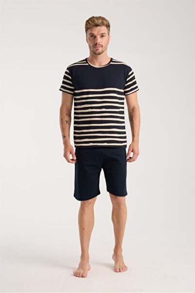 modaserdem Mdsrdm Men's Navy Blue Crew Neck Short Sleeve Shorts Pajamas Set