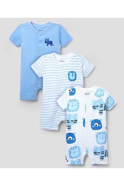 Bonfino Animal Printed & Striped Rompers (Pack Of 3) - White & Blue