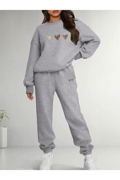 FUFLUNS 3-Piece Heart Printed Unisex Oversize Circle Neck Bottom/Upper Tracksuit Set