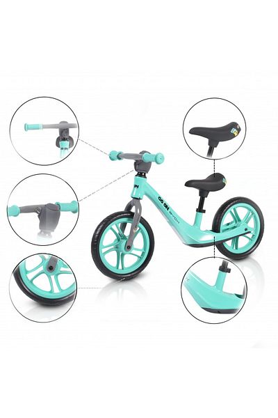byox Go On turquoise 12 inch children's bike without pedals, EVA foam wheels, adjustable seat 32-41 cm