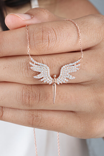 TALMİRA 925 Ayar Gümüş Rose Kaplama Mikail Meleği Kolye Işıklı Kutuda