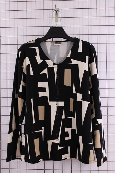 YXL COLLECTION Women's Plus Size V Neck Stone Print Long Sleeve Patterned Mother Combed Cotton Blouse