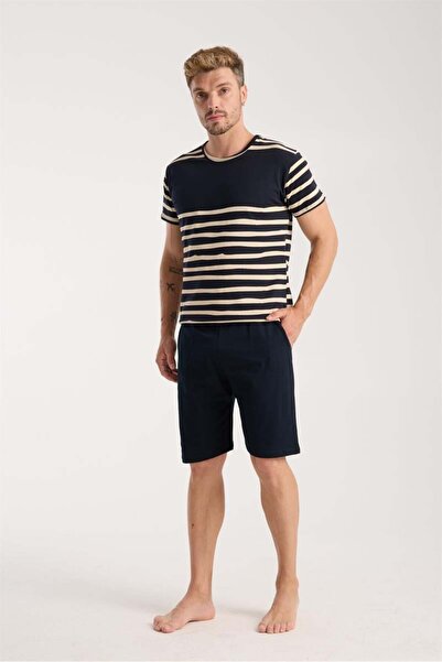 modaserdem Mdsrdm Men's Navy Blue Crew Neck Short Sleeve Shorts Pajamas Set