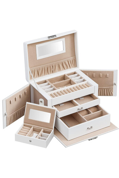 SONGMICS 3-Tier Jewelry Box, 2 Drawers, Handle, Key Lock, 18x26x17cm, White