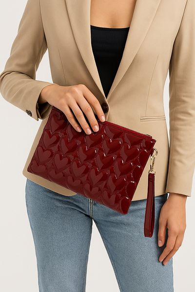 Bagfoni Burgundy Patent Leather Heart Patterned Portfolio Clutch Handbag 25X19 cm