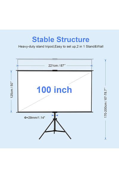 Wownect شاشة عرض وحامل، شاشة عرض خارجية محمولة 100 بوصة بدقة 4K عالية الدقة بنسبة عرض إلى ارتفاع 16:9 مع حامل