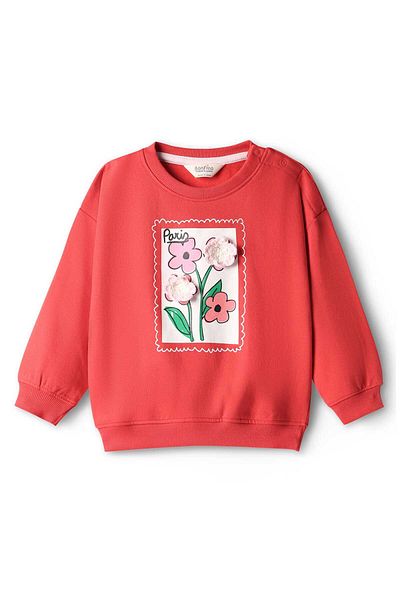 Bonfino 100% Cotton French Terry Knit Full Sleeve Sweatshirt Floral and Crochet Applique-Red