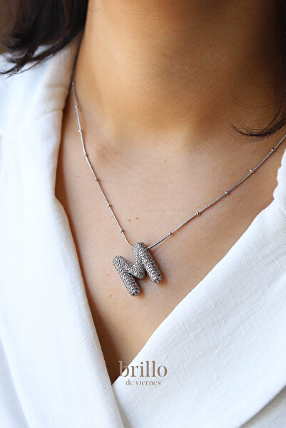 Brillo Çelik Zirkon Taşlı Harfli Balon Kolye-Gümüş Renk