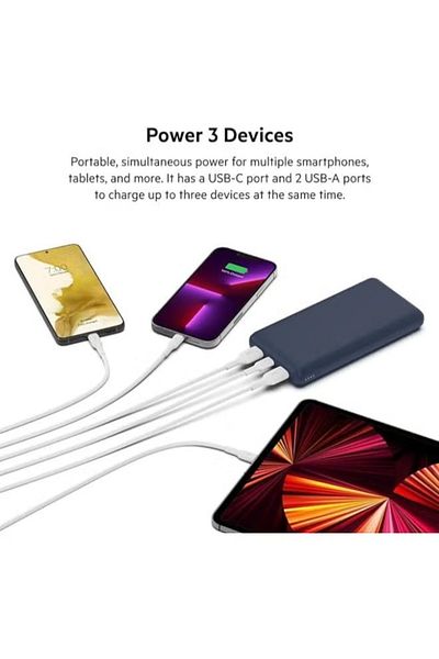 Belkin BoostCharge 20000mAh 3-Port Power Bank – USB-C & Dual USB-A – 15W Output – Blue