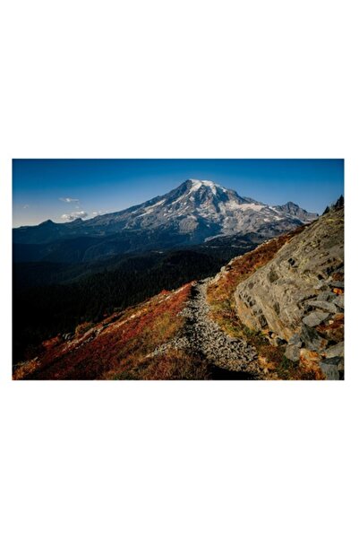 OEM Tablou Canvas, Traseu montan spre culmile inzapezite, Munte, Poteca, Roci, Vegetatie, Albastru, Cer,