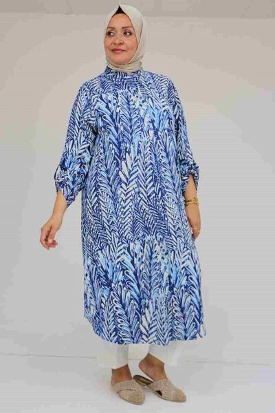 Eslina 58097 Large Size Patterned Wrinkle Button Shirt - Cream-Indigo