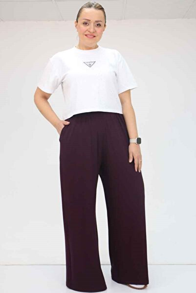 Eslina 39000 Plus Size High Waist Elasticized Wide Leg Combed Pants - Purple