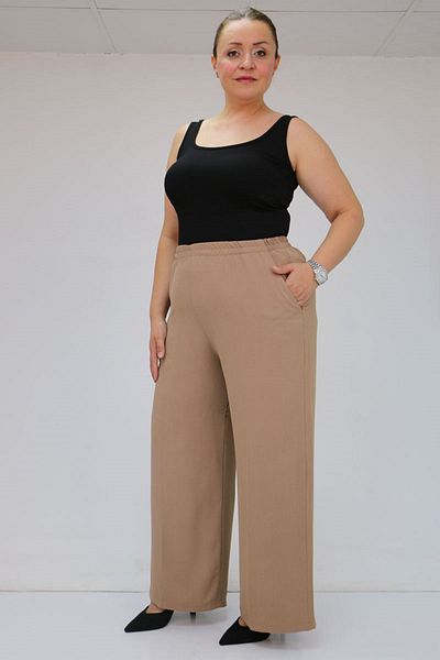 Eslina 59014 Large Size Crepe Loose Pants with Elastic Waist - Mink