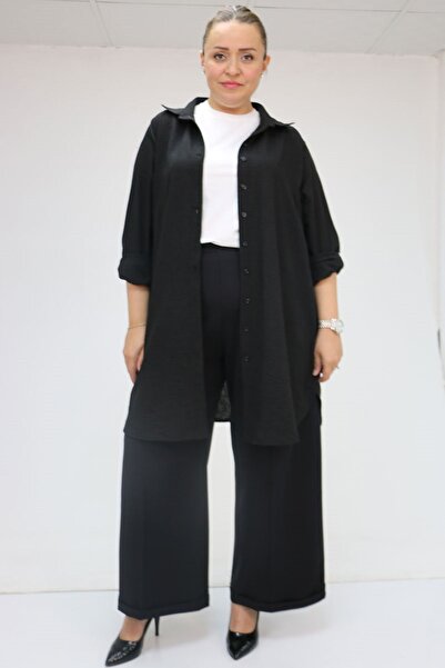 Eslina 59008 Large Size Double Leg Trousers with Elastic Waist - Black