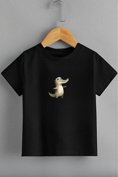 NO 601 Unisex Black Crocodile Printed Children's Short Sleeve Combed Cotton T-Shirt