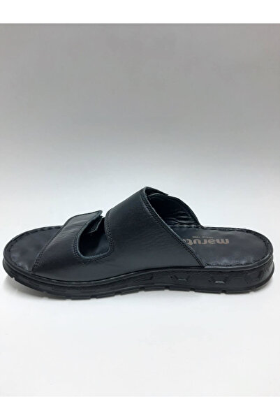 marutti Genuine Leather Double Sticked Toe Open Casual Black Color Men's Slippers