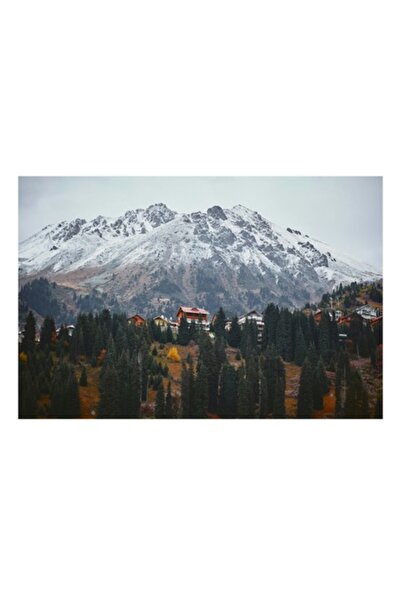 OEM Pictură pe pânză „Cabane de munte sub zăpadă proaspătă”, Peisaj natural, 54 x 39cm