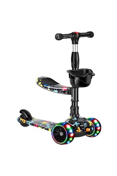 Elindor 2-in-1 Children's Scooter, with Seat and Light-Up Wheels, 3-8 Years, 80 kg, Black/Multicolor