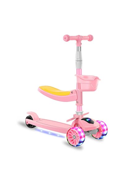 Elindor Trotinetă 2 în 1 cu scaun, roți LED și muzică, 2-12 ani, 100 kg, roz