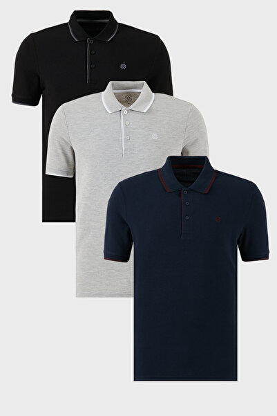 Buratti Pamuklu Slim Fit Şerit Detaylı Düğmeli Polo Yaka 3'lü Paket T Shirt E...