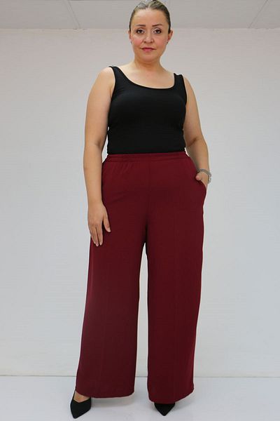 Eslina 59014 Large Size Crepe Loose Pants with Elastic Waist - Claret Red