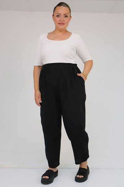 Eslina 59022 Large Size Muslin Trousers with Half Elastic Legs - Black