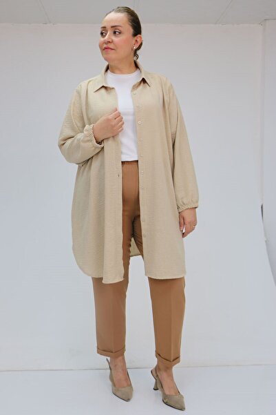 Eslina 59009 Large Size Double Leg Trousers with Elastic Waist - Tan