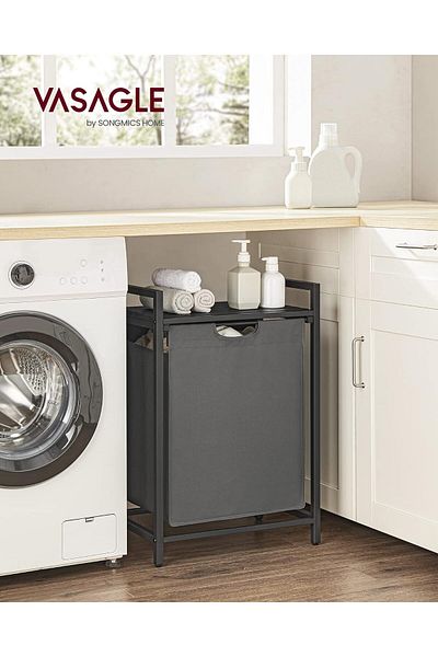 VASAGLE Laundry basket, removable laundry bag, shelf, metal frame, 65L, 50x33x72 cm, black and gray