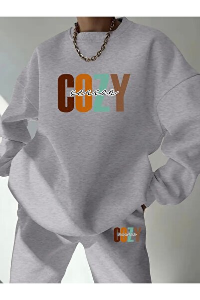 FUFLUNS طقم رياضي مريح مطبوع للجنسين برقبة دائرية كبيرة الحجم