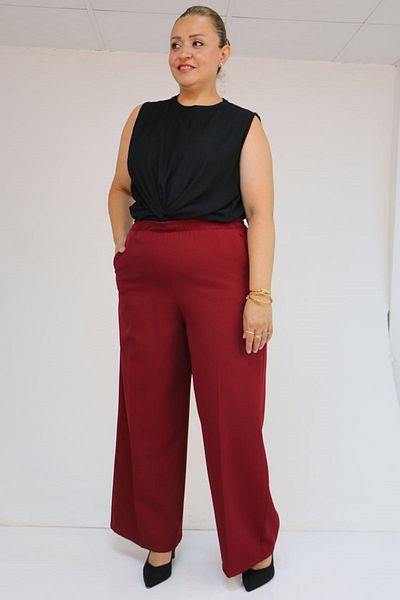 Eslina 59017 Large Size Loose Pants with Elastic Waist - Claret Red