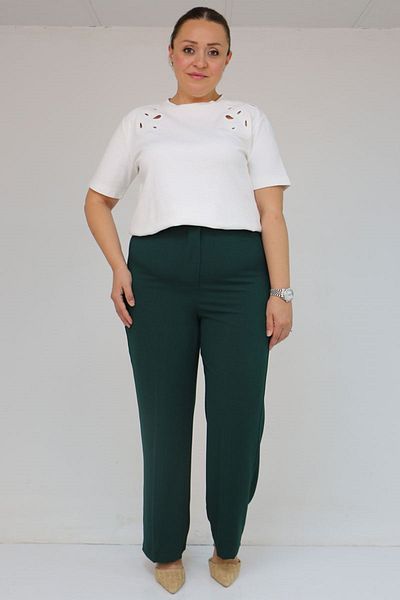 Eslina 59016 Plus Size Crepe Trousers with Button Waist - Emerald