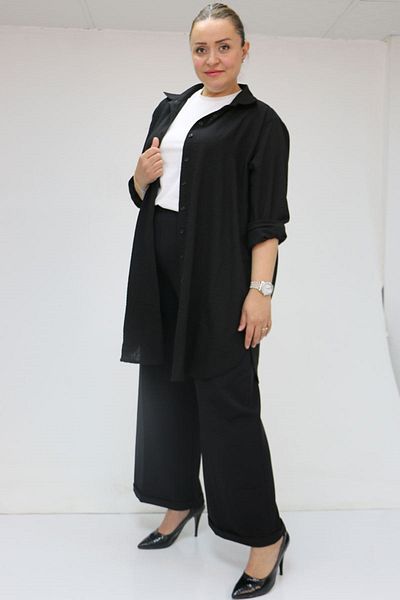 Eslina 59008 Large Size Double Leg Trousers with Elastic Waist - Black