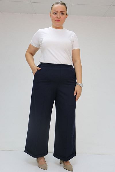 Eslina 59008 Large Size Double Leg Trousers with Elastic Waist - Navy Blue