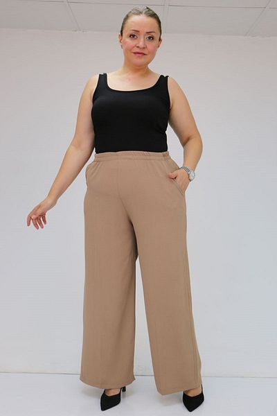 Eslina 59014 Large Size Crepe Loose Pants with Elastic Waist - Mink