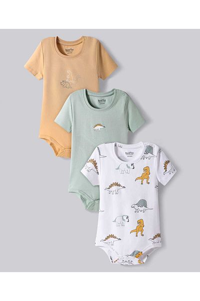 Bonfino 100% Cotton Knit Half Sleeves Dino Printed Onesies (Pack Of 3) - Multicolor