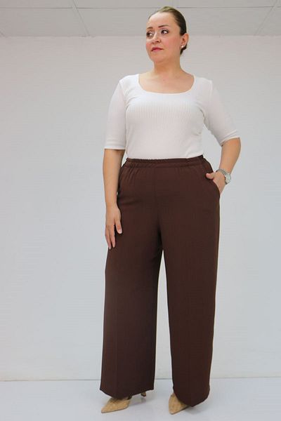 Eslina 59014 Large Size Crepe Loose Pants with Elastic Waist - Brown