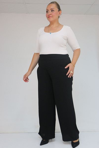 Eslina 59011 Plus Size Moldings Belted Side Zipper Crepe Pants - Black