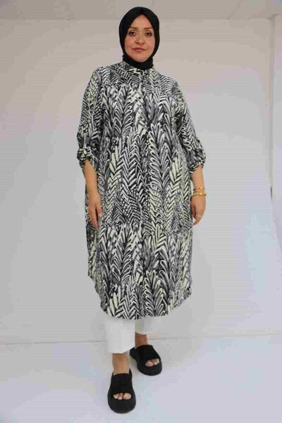 Eslina 58097 Large Size Patterned Wrinkle Button Shirt - Black-Grey