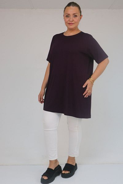 Eslina 58507 Large Size Collar Piping Combed Cotton T-Shirt - Purple