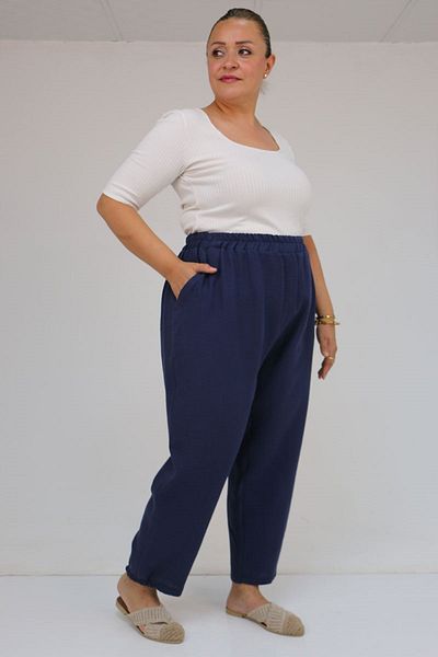 Eslina 59022 large size half elasticated muslin pants - navy blue