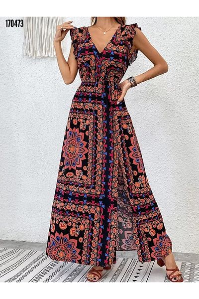 moda wanilia Women's Ethnic Patterned Slit Long Summer Single Jersey Dress