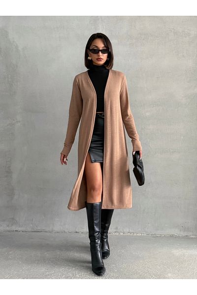 Look Forward Women's Brown Patterned Openwork Fabric Long Slit Basic Cardigan