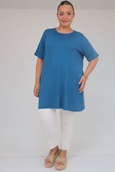 Eslina 58507 Large Size Collar Piping Combed Cotton T-Shirt - Petrol