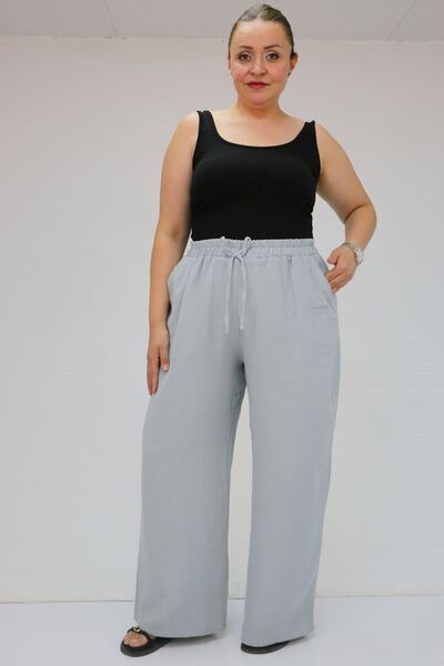 Eslina 59021 Large Size Muslin Wide Leg Trousers with Elastic Waist - Gray