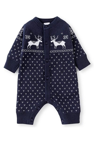 Babyhug Organic Cotton Knit Full Sleeves Winter Wear Romper - Blue