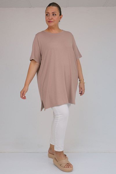 Eslina 58507 Large Size Collar Piping Combed Cotton T-Shirt - Beige