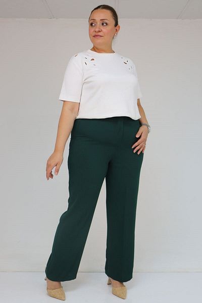 Eslina 59016 Plus Size Crepe Trousers with Button Waist - Emerald