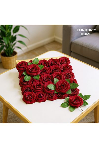 Elindor Set of 25 Artificial Roses, Artificial Flower Bouquets, Decorative Plants, Dark Red