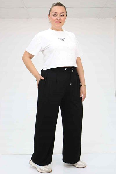 Eslina 59002 Large Size Pleated Detail Combed Cotton Trousers - Black