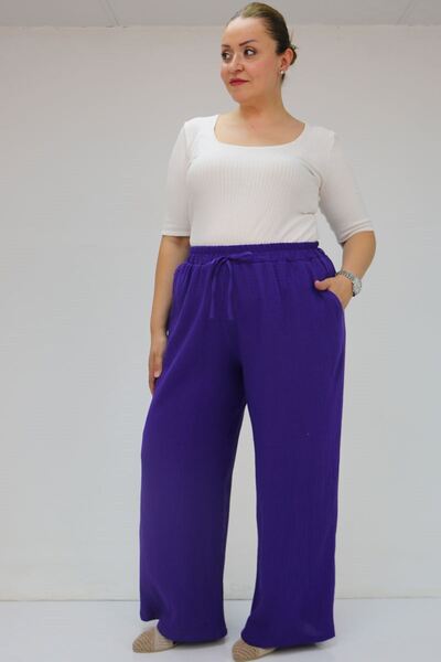 Eslina 59021 Large Size Muslin Wide Leg Trousers with Elastic Waist - Purple